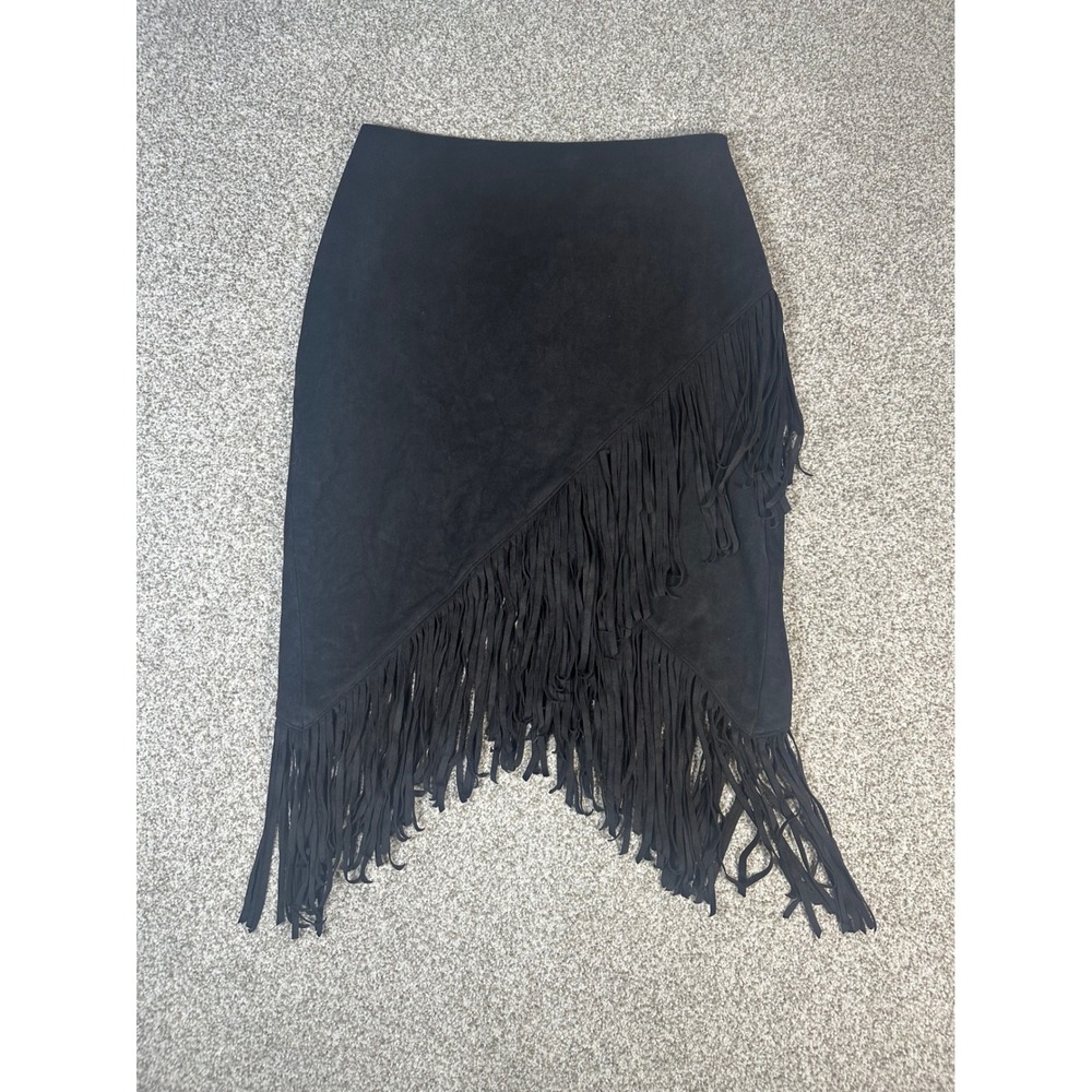Express Black Faux Suede Fringe Asymmetrical Midi Skirt Size 8 Western Boho
